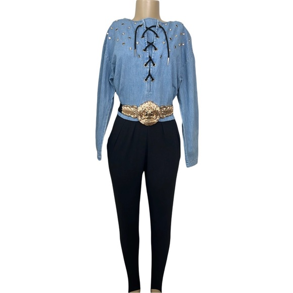Vintage PG Collections By Ginger Bort Denim Embellished Stirrup Jumpsuit - Picture 1 of 10